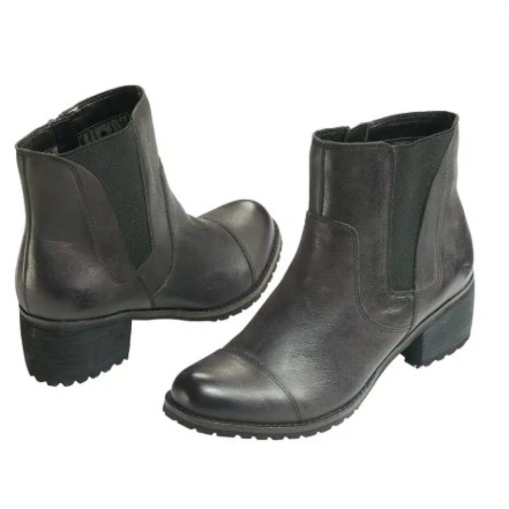 EUC Aetrex Black Leather Cap Toe Autumn Pull On Heeled Ankle Boot